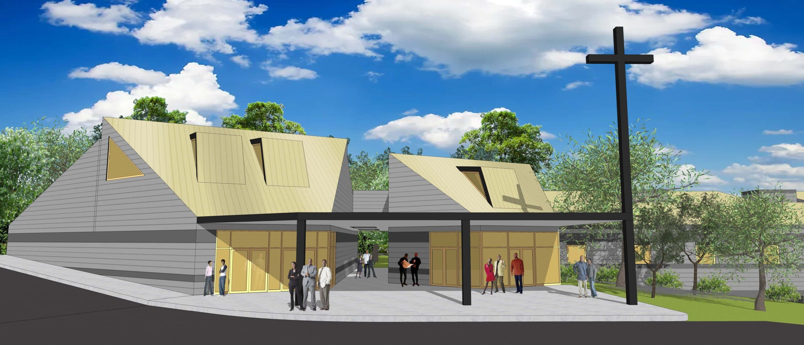 Architect's 3D rendering of the new Christ Apostolic Church — gold roofs, glass frontage and a standing cross